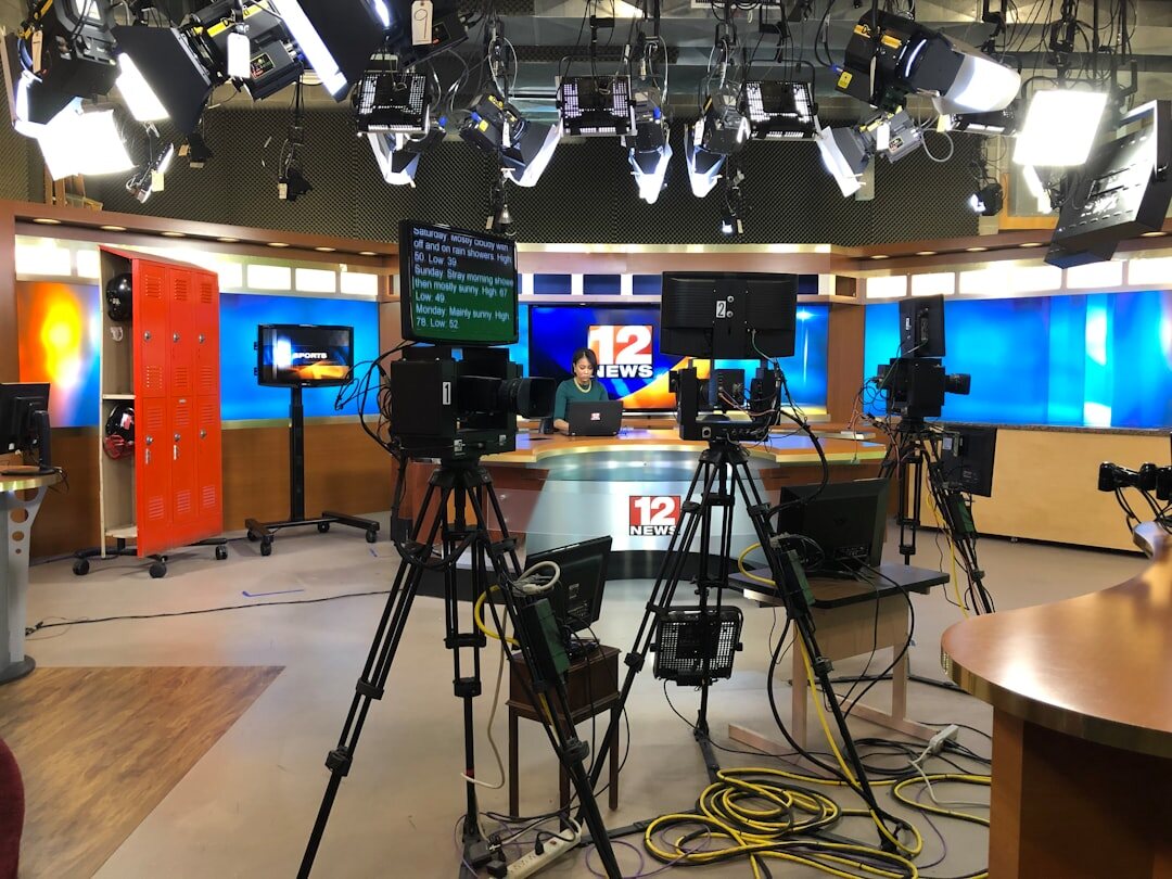 News anchor desk in a modern television news studio