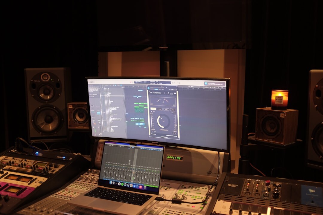 Broadcast control room with vision mixing desk and multiple monitors